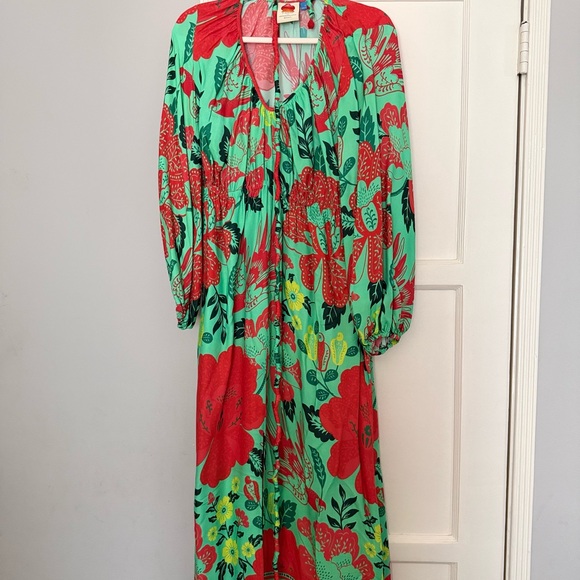 Anthropologie Red and Green Ruffled Sundress with Bishop Sleeves - Picture 2 of 7